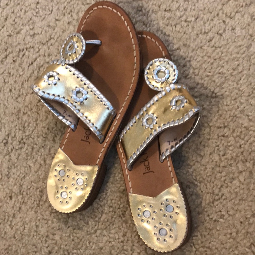 Jack Rogers gold and silver slip on sandals